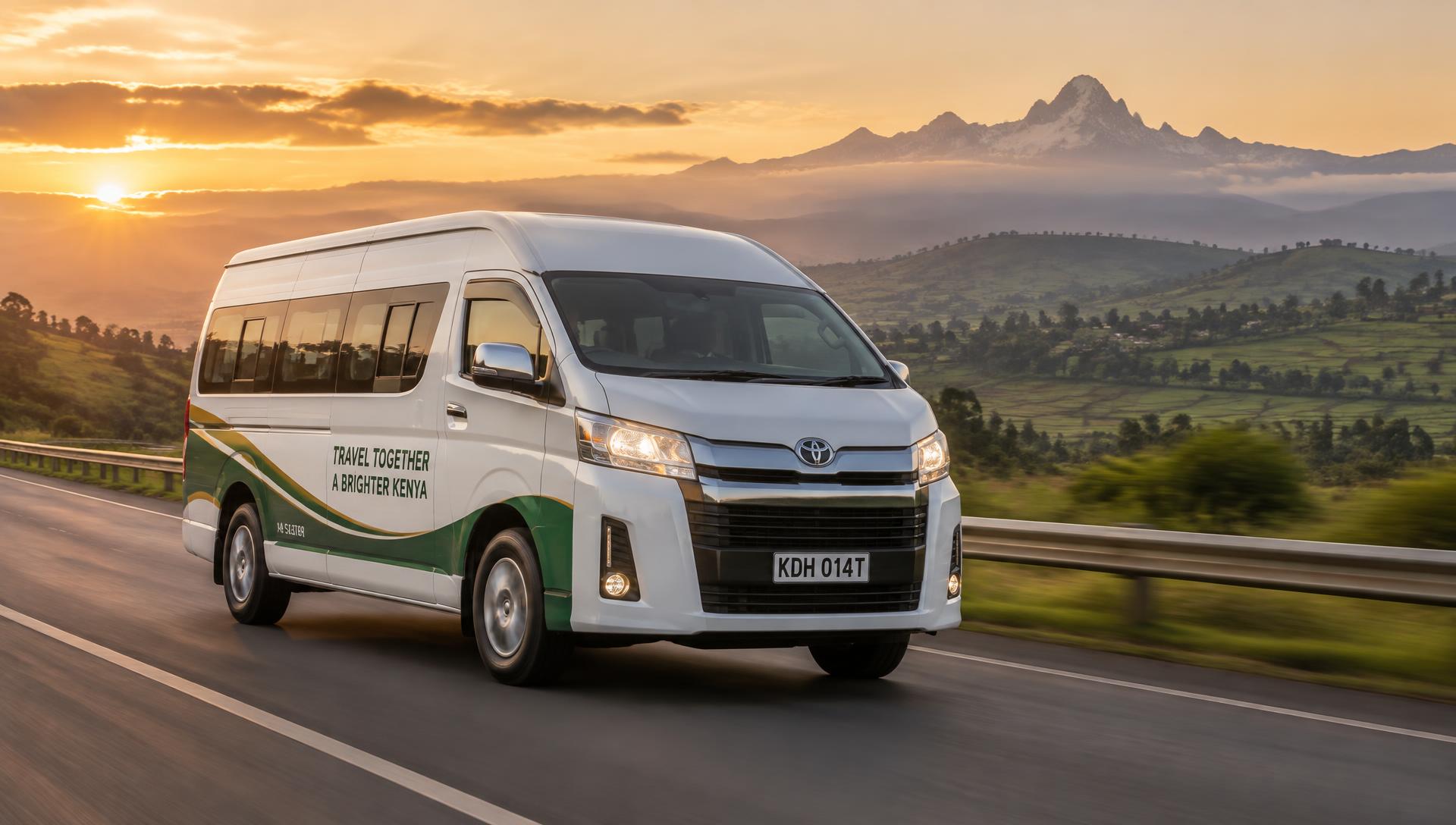 2NK 14-seater shuttle on a Kenyan highland highway